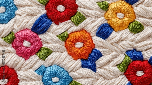 A colorful, patterned textile featuring vibrantly embroidered flowers in various shades, set against a cream background with intricate designs.