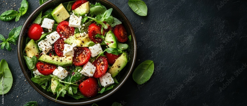 Fresh salad with avocado, feta cheese and cherry tomatoes in a bowl on a dark background.