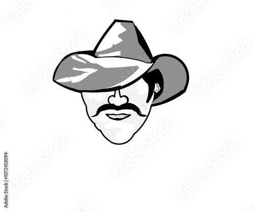 Black and white illustration design of a man with a thick mustache wearing a cowboy hat