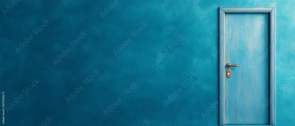 A blue door with a metal handle on a blue wall A blue door with a metal handle on a blue wall