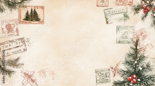 Vintage-Style Christmas Background with Snow-Covered Trees, Postage Stamps, and Festive Holiday Illustrations on Beige Background