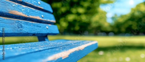 Fototapeta Naklejka Na Ścianę i Meble -  A blue park bench sitting in the middle of a grassy field
