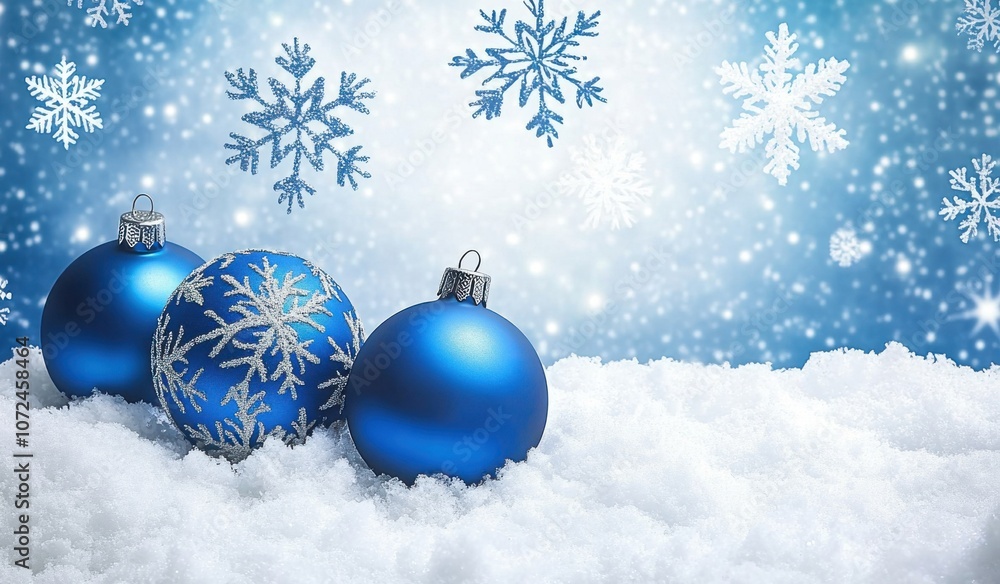 Beautiful Blue and White Christmas Background with Snowflakes and Decorations Beautiful Blue and White Christmas Background with Snowflakes and Decorations