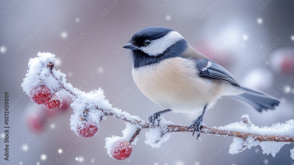 Obraz premium A bird perched on a frosty branch with red berries in winter.