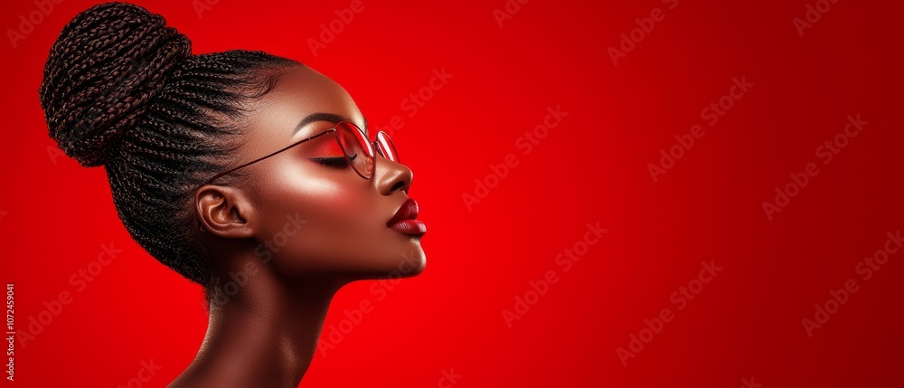 A woman wearing red glasses on a red background A woman wearing red glasses on a red background