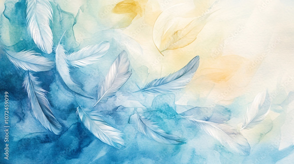 custom made wallpaper toronto digitalSoft Blue and Gold Watercolor Background with Floating Feathers for Use in Elegant Design Presentations and Modern Artistic Projects