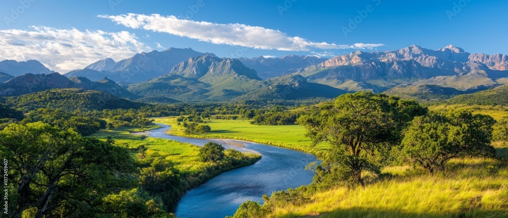 Fototapeta premium A river running through a lush green valley with mountains in the background