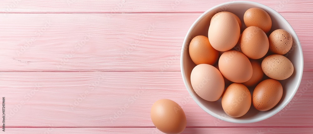 A bowl of brown eggs on a pink wooden surface A bowl of brown eggs on a pink wooden surface