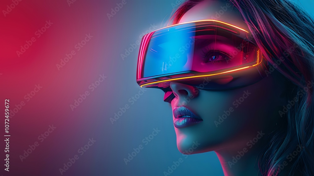 A futuristic close-up of a woman wearing vibrant, glowing augmented reality glasses, set against a colorful neon background. Perfect for technology, innovation, and virtual reality themes. A futuristic close-up of a woman wearing vibrant, glowing augmented reality glasses, set against a colorful neon background. Perfect for technology, innovation, and virtual reality themes.