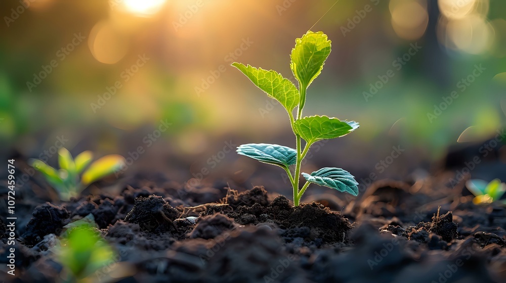 A close-up of a fresh green seedling sprouting in rich soil, bathed in the golden light of a sunrise. Perfect for themes of growth, sustainability, and environmental care. A close-up of a fresh green seedling sprouting in rich soil, bathed in the golden light of a sunrise. Perfect for themes of growth, sustainability, and environmental care.