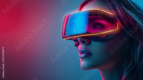 A futuristic close-up of a woman wearing vibrant, glowing augmented reality glasses, set against a colorful neon background. Perfect for technology, innovation, and virtual reality themes.