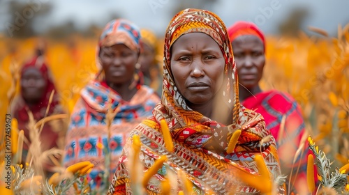 striking portrait of African women in vibrant traditional attire standing in a golden field, symbolizing resilience, culture, and community. Perfect for themes of heritage, empowerment