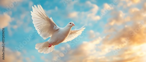 A white dove flying through a blue sky with clouds