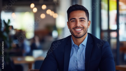 Confident Young Professional Smiling in Modern Office Environment