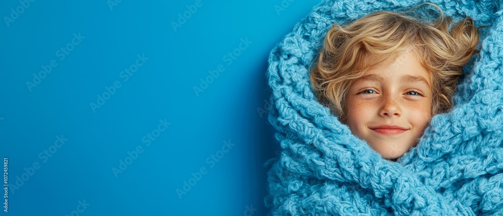 A little boy wrapped up in a blue blanket A little boy wrapped up in a blue blanket
