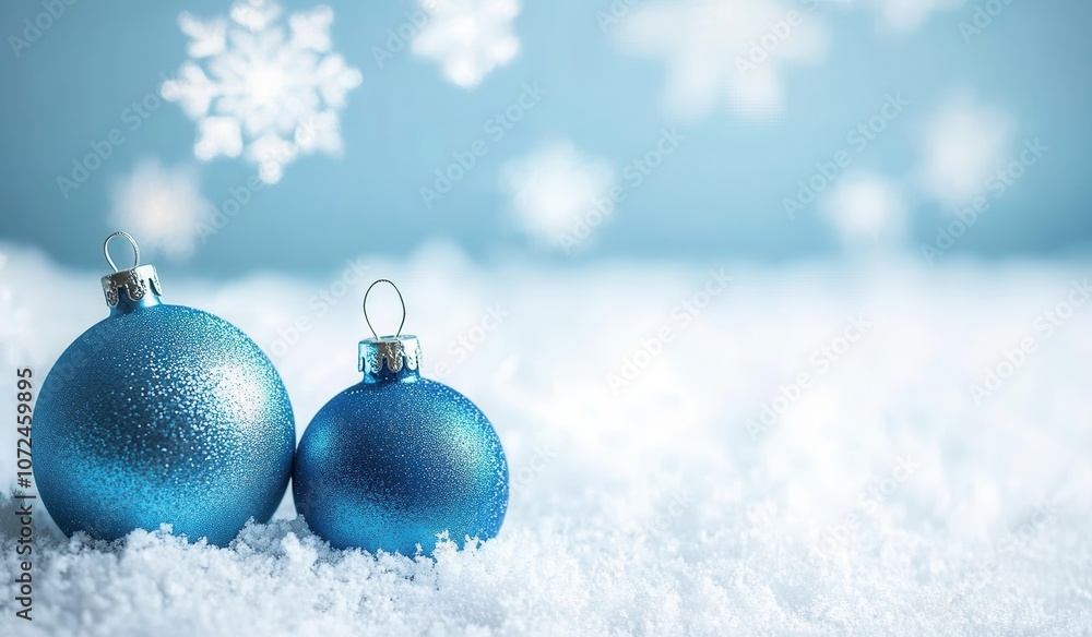 Beautiful Blue and White Christmas Background with Snowflakes and Decorations Beautiful Blue and White Christmas Background with Snowflakes and Decorations