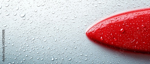 A close up of a red button on a car with water droplets
