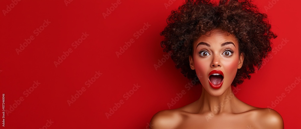 A woman with curly hair and red lipstick on a red background A woman with curly hair and red lipstick on a red background
