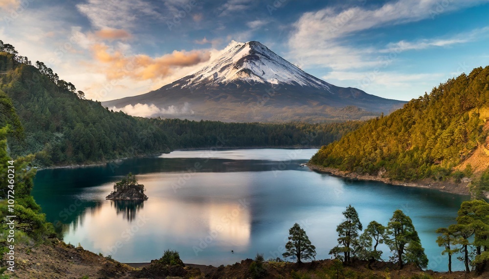 A Snow-Capped Volcano Reflected in a Crystal Clear Lake, Surrounded by Dense Pine Forests and Lush Greenery, Captured at Sunrise for a Stunning Nature Landscape A Snow-Capped Volcano Reflected in a Crystal Clear Lake, Surrounded by Dense Pine Forests and Lush Greenery, Captured at Sunrise for a Stunning Nature Landscape