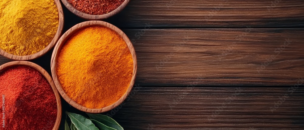 A variety of spices in wooden bowls on a wooden table A variety of spices in wooden bowls on a wooden table