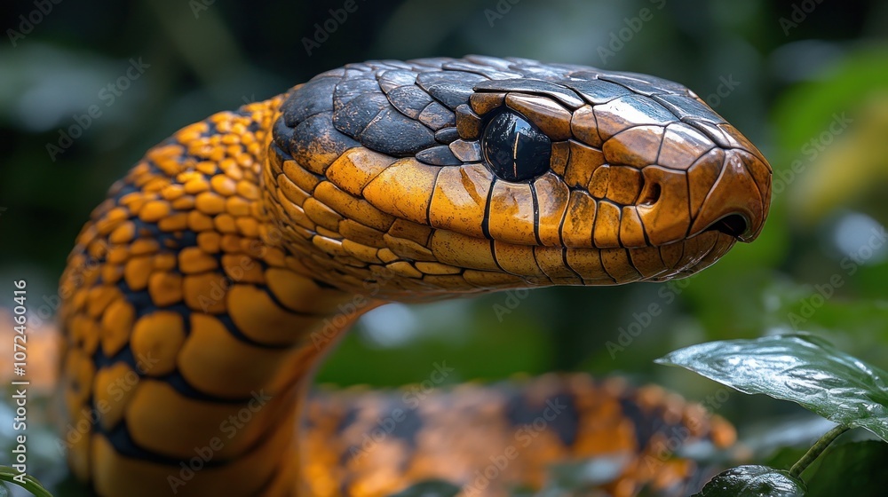 Close-up of a vibrant orange and black snake in a lush environment. Close-up of a vibrant orange and black snake in a lush environment.