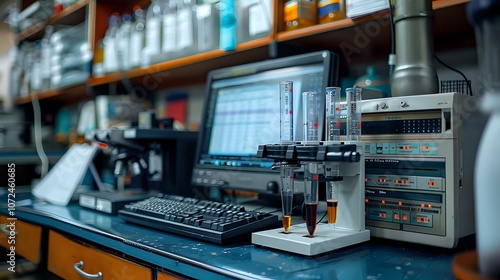 Wallpaper Mural detailed laboratory setup featuring a computer workstation, analytical equipment, and scientific instruments, emphasizing precision and research focus. Perfect for science, technology, or laboratory Torontodigital.ca
