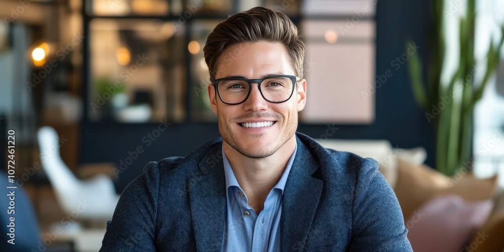 Obraz premium Confident Young Professional Smiling in Modern Office Setting