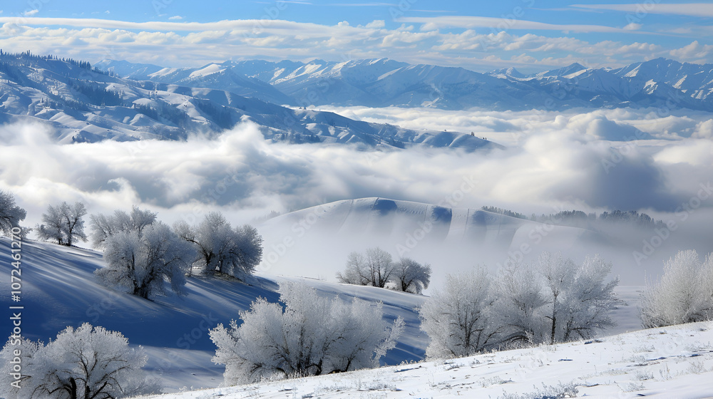 Obraz premium Snow covered rolling hills with distant mountains peeking through the clouds 