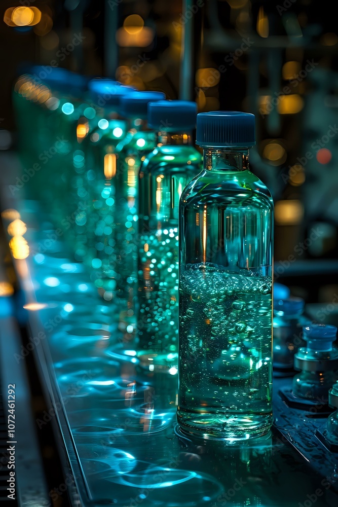 sleek row of transparent water bottles with blue caps illuminated by vibrant turquoise light in an industrial setting. Perfect for showcasing beverage production, packaging design, or sustainability sleek row of transparent water bottles with blue caps illuminated by vibrant turquoise light in an industrial setting. Perfect for showcasing beverage production, packaging design, or sustainability