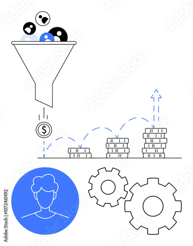 Coins falling from funnel toward stacks of money, user profile in blue circle, and cogwheels. Ideal for marketing, sales, business analysis, finance, conversion optimization, process improvement