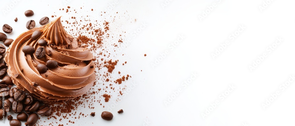 A cupcake with chocolate frosting and coffee beans scattered around it A cupcake with chocolate frosting and coffee beans scattered around it
