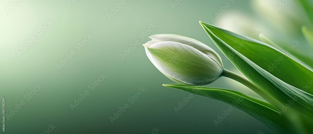 Obraz premium A single white tulip with green leaves on a green background