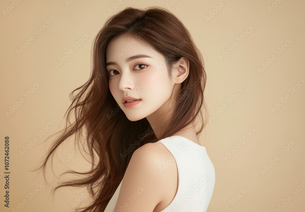 Beautiful female model, photograph with a white sleeveless top, solid color background Beautiful female model, photograph with a white sleeveless top, solid color background