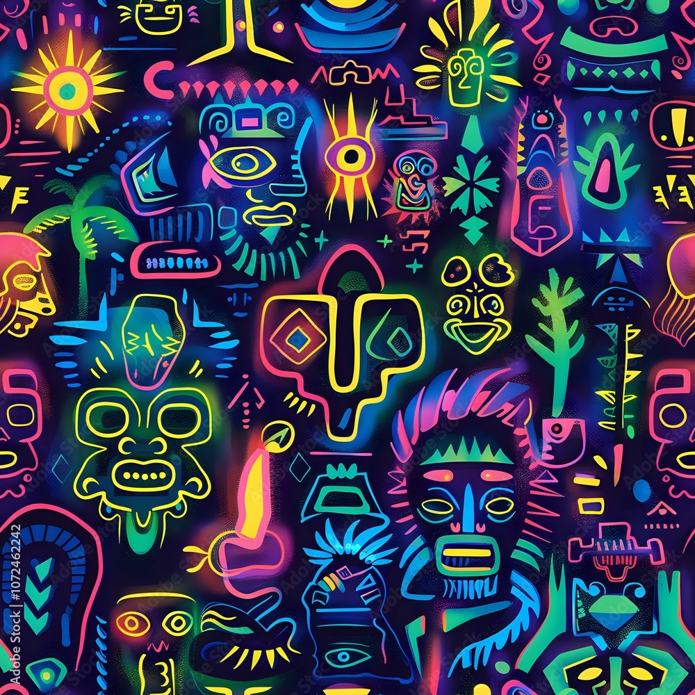 A neon seamless pattern featuring tribal and indigenous symbols in vibrant colors on a dark background. Perfect for contemporary designs, fashion, and creative projec A neon seamless pattern featuring tribal and indigenous symbols in vibrant colors on a dark background. Perfect for contemporary designs, fashion, and creative projec