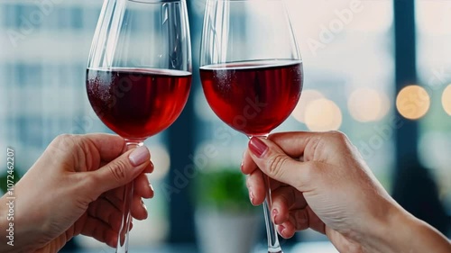 Cheers to Connection: Two hands clinking wine glasses, filled with rich red wine, creating a moment of shared joy and connection.  A toast to friendship, celebration, or romance.