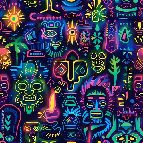 A neon seamless pattern featuring tribal and indigenous symbols in vibrant colors on a dark background. Perfect for contemporary designs, fashion, and creative projec