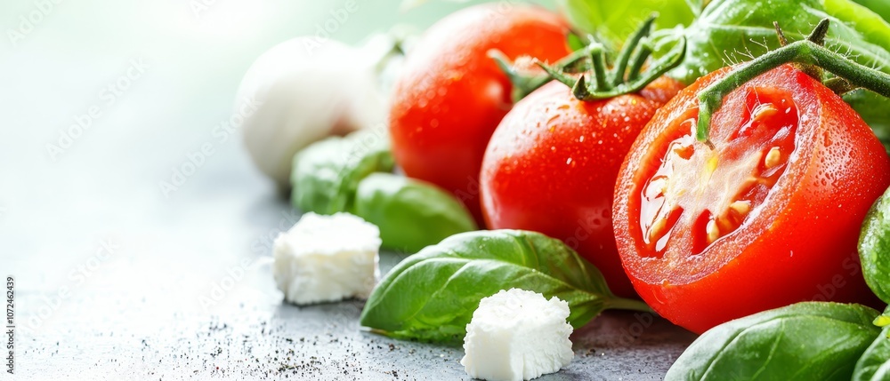 A close up of tomatoes, basil and mozzarella on a table A close up of tomatoes, basil and mozzarella on a table
