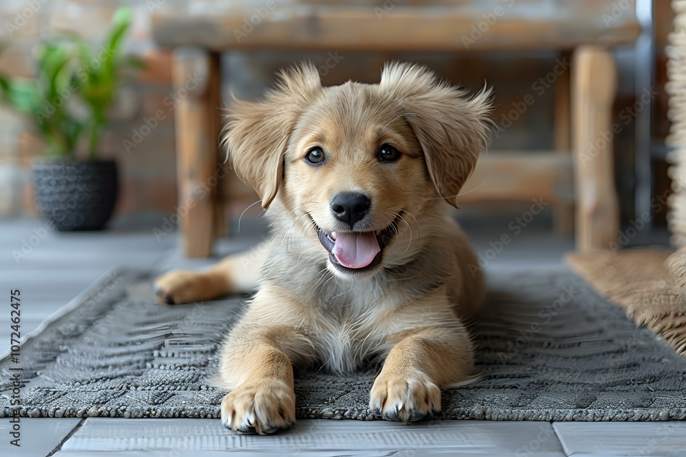 A cheerful golden puppy lying on a textured rug indoors, exuding warmth and playfulness. Perfect for themes of pets, companionship, and cozy home settings. A cheerful golden puppy lying on a textured rug indoors, exuding warmth and playfulness. Perfect for themes of pets, companionship, and cozy home settings.