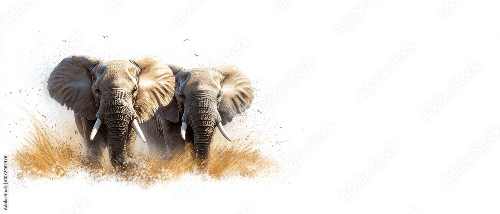A couple of elephants walking through a field of dry grass A couple of elephants walking through a field of dry grass