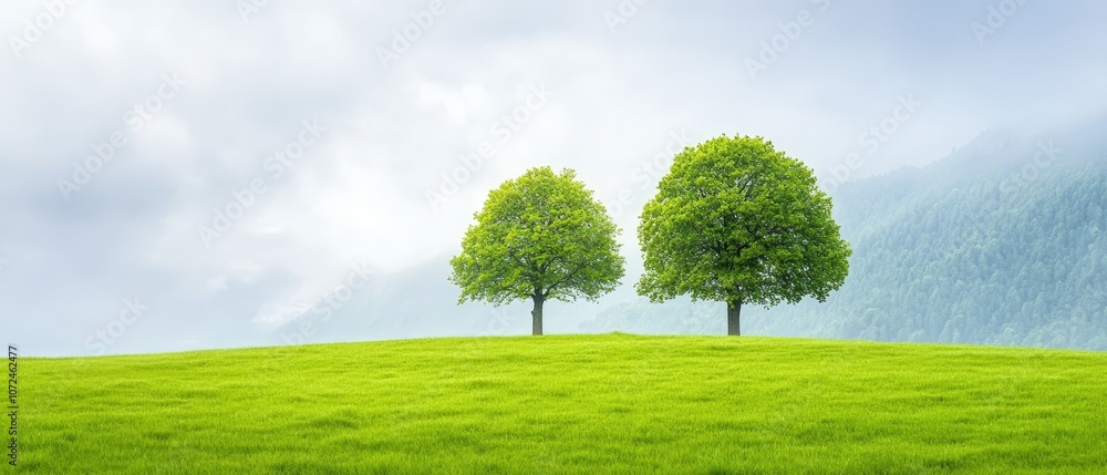 Two trees in a grassy field with mountains in the background Two trees in a grassy field with mountains in the background
