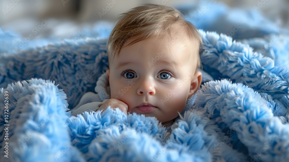 A cute baby with bright blue eyes wrapped in a fluffy blue blanket, evoking warmth, innocence, and coziness in a serene indoor setting. A cute baby with bright blue eyes wrapped in a fluffy blue blanket, evoking warmth, innocence, and coziness in a serene indoor setting.