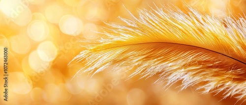 A close up of a feather on a yellow background photo