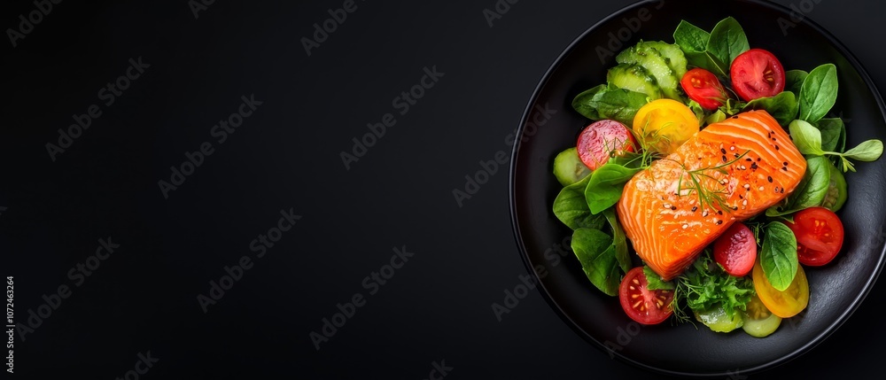 A plate of salmon and vegetables on a black background A plate of salmon and vegetables on a black background