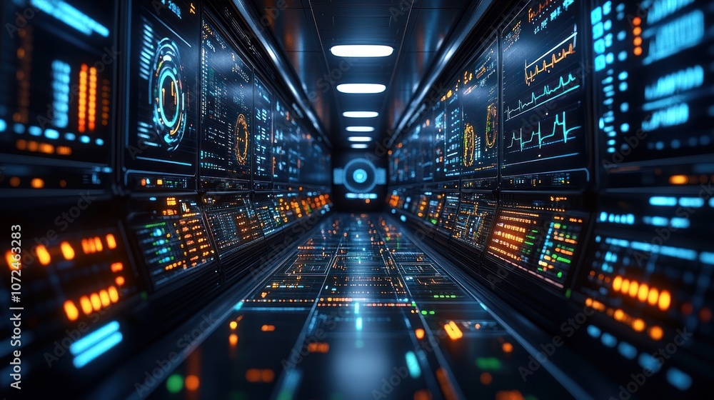 Futuristic corridor with glowing screens and data displays. Futuristic corridor with glowing screens and data displays.