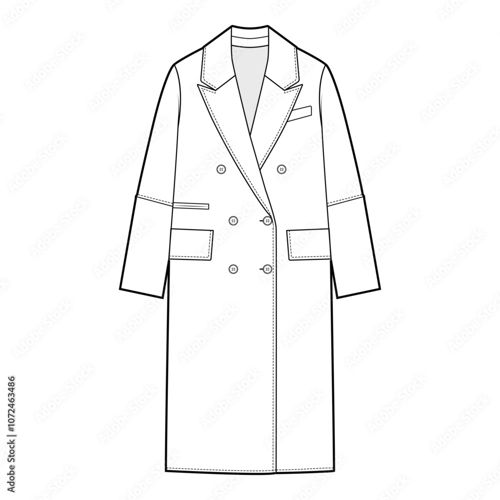 Front view of a double-breasted overcoat with lapels in black and white vector style, featuring a classic tailored design.
