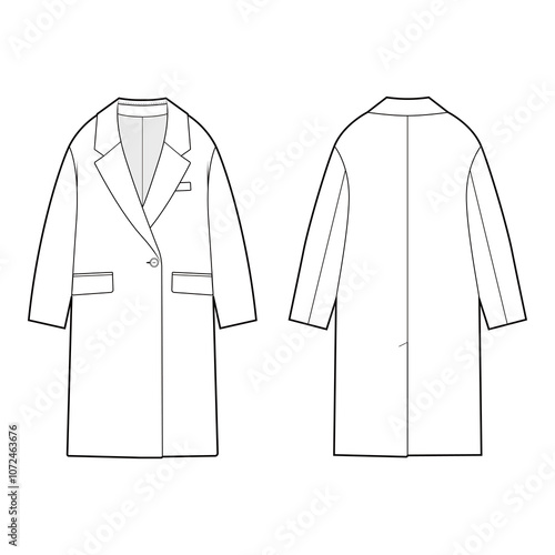 Front and back views of a tailored overcoat with lapels in black and white vector illustration, featuring a single button and classic design.
