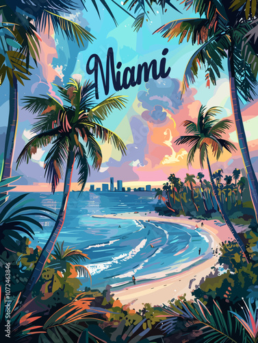 Miami, United States of America, vector illustration beautiful postcard