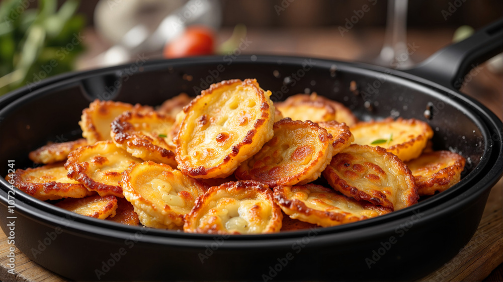Crispy roasted potato slices in black skillet Crispy roasted potato slices in black skillet