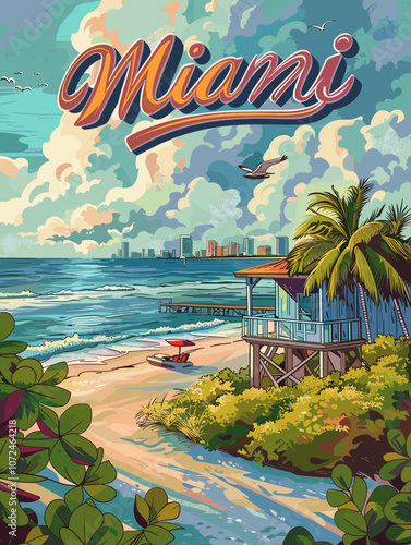 Miami, United States of America, vector illustration beautiful postcard