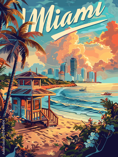 Miami, United States of America, vector illustration beautiful postcard